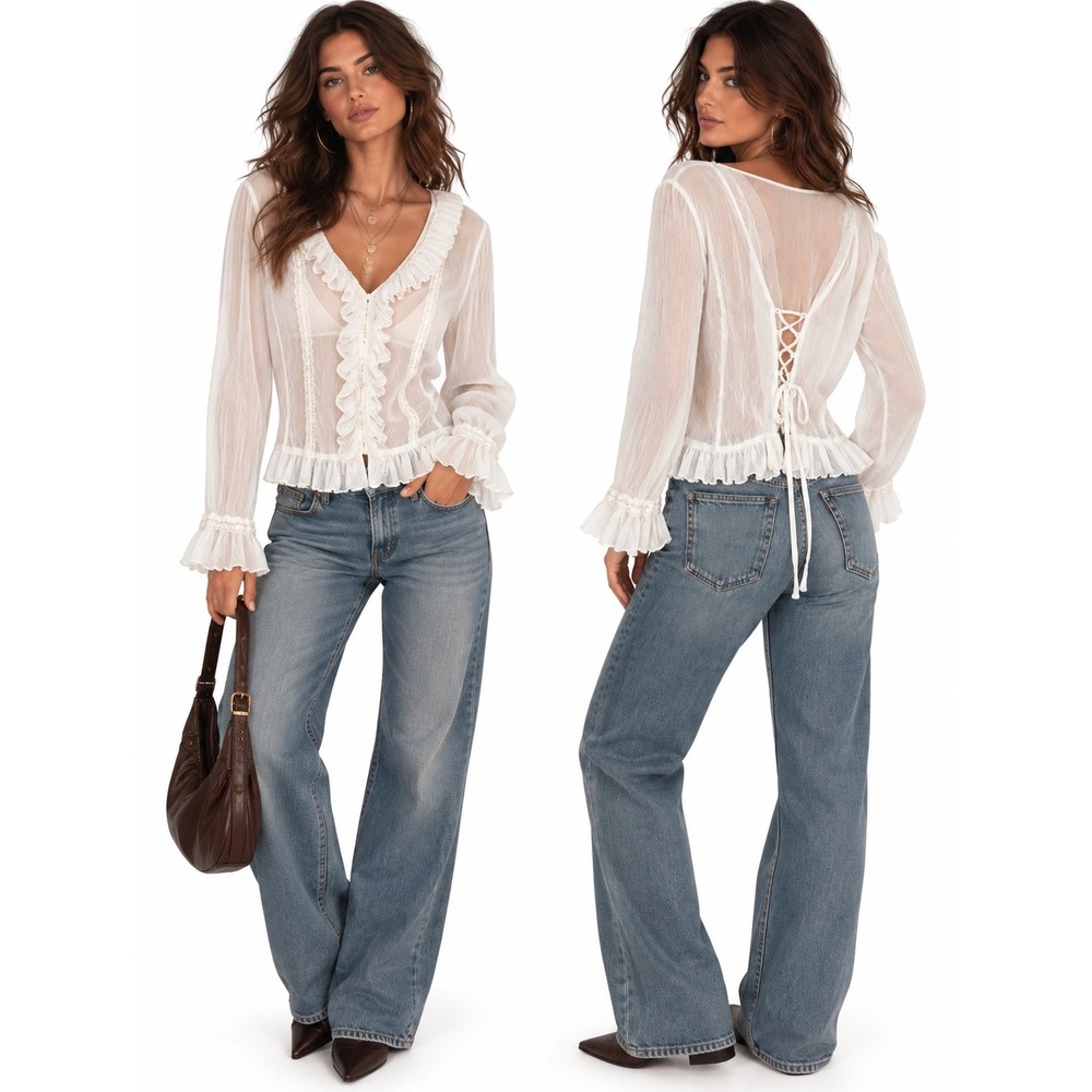 M Milano Vintage Y2K White Sheer Lace Ruffle Blouse Corset Back Top Medium